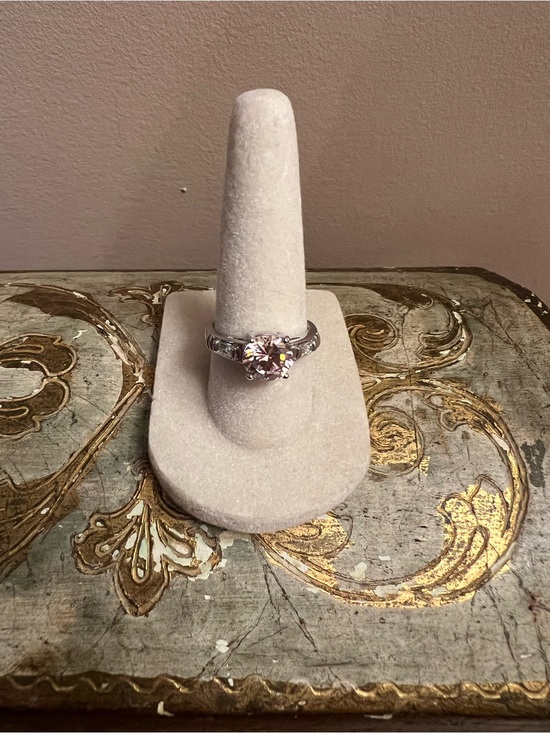 Jewelry - Classic Light Pink CZ Solitaire Ring in Silver Tone with Baguettes Size 7